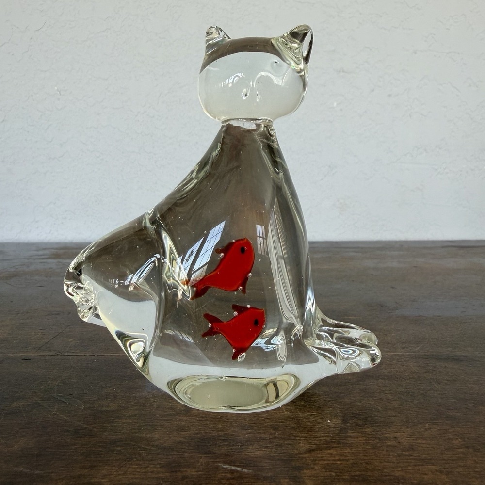 Cat‎ with Goldfish Fish in Belly Clear Glass Paper Weight Decor Kitty Cat Lady